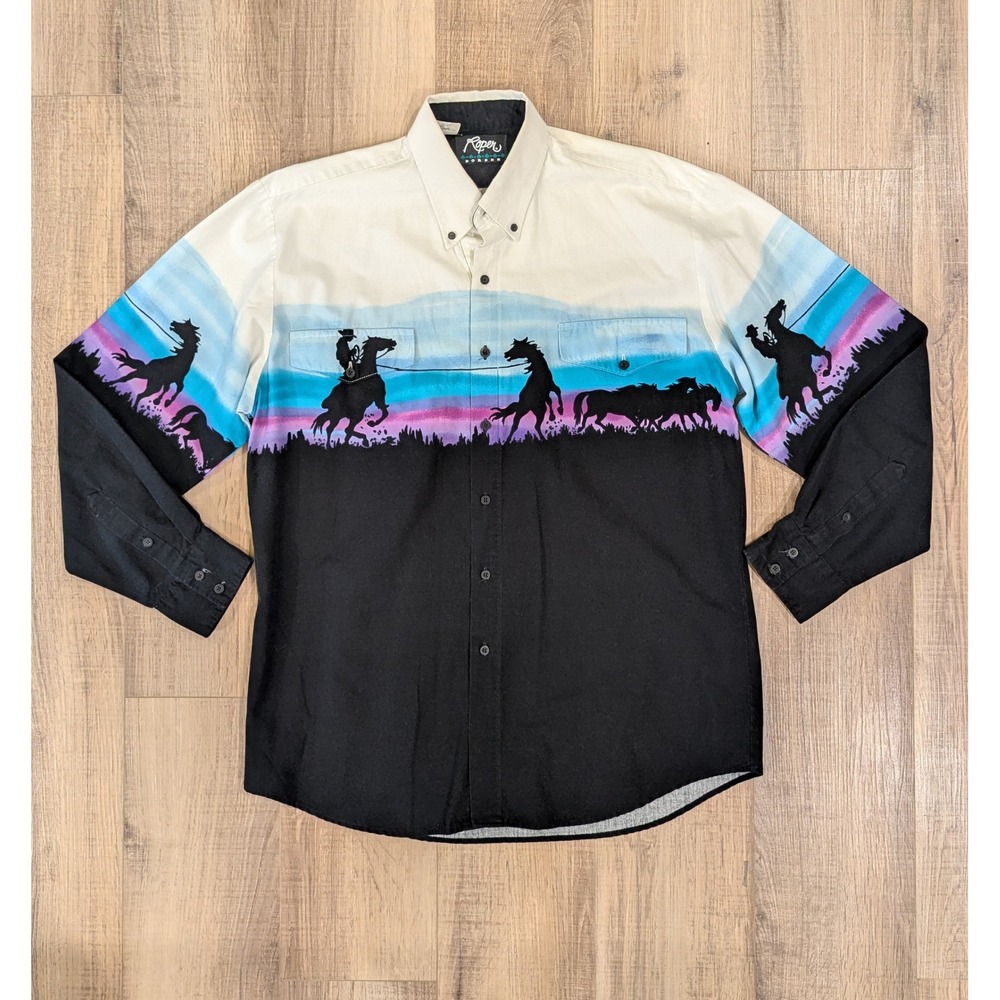 Vintage Roper Border Western Shirt Mens L Horse Cowboy Print 90s USA Cotton L